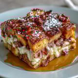 A hearty Monte Cristo Breakfast Casserole with melty Swiss cheese, ham, and turkey layers for a savory brunch.