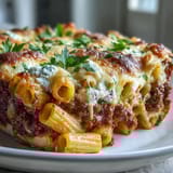 Steaming Cottage Cheese Protein Pasta Bake with al dente penne, rich tomato beef sauce, and melted mozzarella served in a ceramic dish.