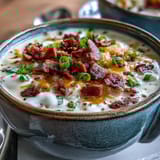 Steaming bowl of Loaded Potato Soup with velvety texture, cheddar cheese, and bacon crumbles, perfect for a cozy lunch.