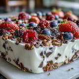 Creamy Greek yogurt topped with vibrant mixed berries and crunchy granola, then frozen into easy-to-break pieces for a delightful frozen snack.