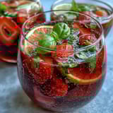 A vibrant pitcher of Strawberry Basil Sangria Mocktail, bursting with juicy strawberries, citrus slices, and aromatic basil leaves.