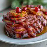Juicy ham glazed with honey and brown sugar, topped with pineapple rings and maraschino cherries for a sweet, savory main dish.  