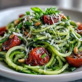 Light and healthy zucchini noodles with homemade pesto, cherry tomatoes, and a sprinkle of Parmesan for a gluten-free meal.  