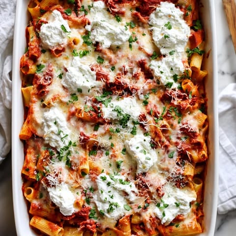 Golden baked ziti with ricotta layers, bubbling tomato sauce, and fresh parsley garnish, ready to serve for a family dinner.