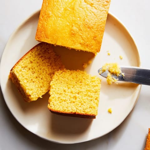 Skillet of homemade cornbread with a golden-brown crust and tender crumb, topped with a drizzle of honey on a rustic wooden table.