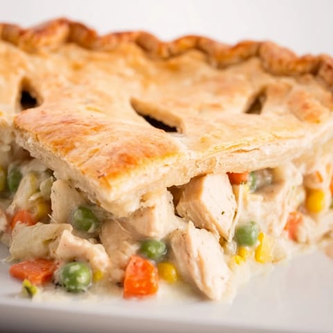 Freshly baked Chicken Pot Pie sits on a rustic table, ready to serve with a savory aroma.