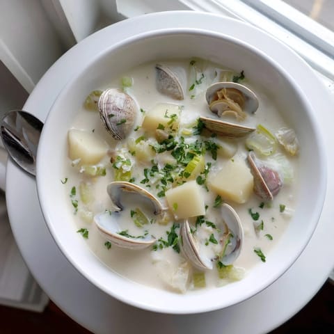 Creamy New England Clam Chowder served hot in a rustic bowl, garnished with fresh parsley and oyster crackers.