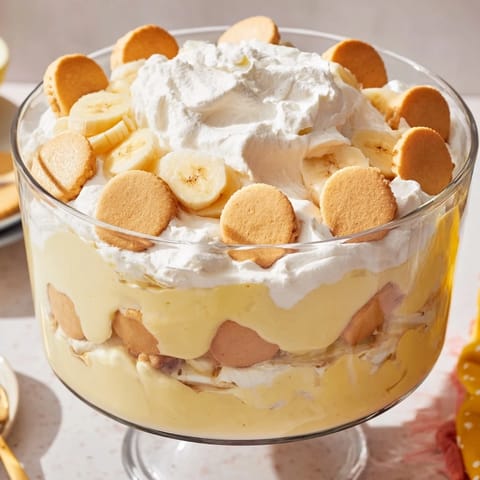 A glass trifle bowl showcasing chilled Banana Pudding with golden wafers and soft banana slices for dessert.