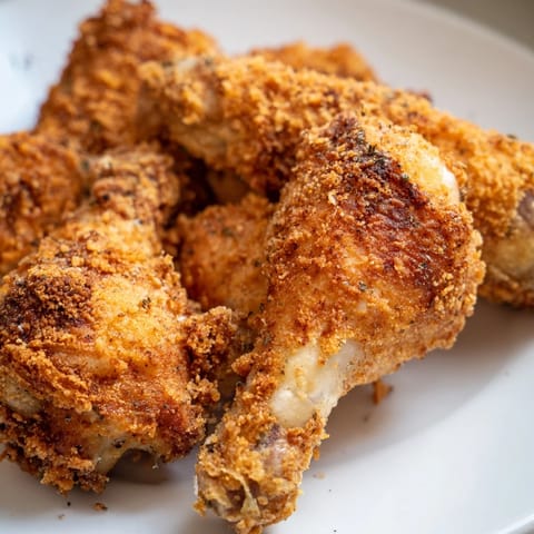 Golden brown fried chicken pieces rest on a wire rack, showcasing a crispy, seasoned crust and juicy interior ready to serve.