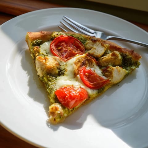 A rustic Chicken Pesto Pizza on a wooden board, featuring bubbly cheese, vibrant basil pesto, and juicy tomatoes, ready to be sliced.