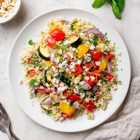 A vibrant Roasted Veggie Couscous Salad with caramelized zucchini, peppers, and tomatoes tossed in a zesty lemon dressing, topped with feta.
