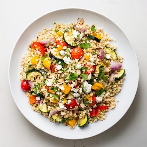Golden roasted vegetables and fluffy couscous come together in this Roasted Veggie Couscous Salad, finished with fresh herbs and pine nuts.