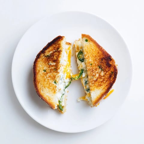 A close-up view of a Jalapeño Popper Grilled Cheese, melted cheese oozing from crispy, buttery bread beside a small bowl of tomato soup.  