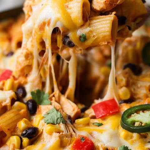 Golden-brown Chicken Burrito Pasta Bake with melted cheddar and Monterey Jack cheese bubbling over a hearty Tex-Mex filling.  