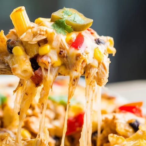 Bubbling skillet of Chicken Burrito Pasta Bake with black beans, corn, and peppers just out of the oven.  