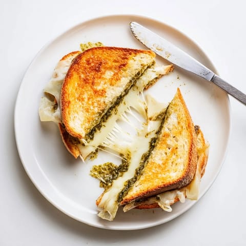 A close-up of the Sourdough Pesto Grilled Cheese, buttery crust crackling beside a fresh tomato soup side.  