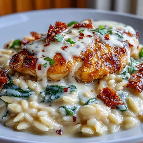 Creamy Tuscan Chicken Orzo ready to be served, bursting with sun-dried tomato flavor.