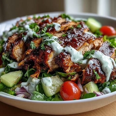 The Chicken Shawarma Salad Bowl displays vibrant cherry tomatoes, diced cucumber, and a creamy garlic sauce drizzled generously on top.  