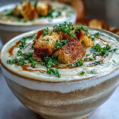 Creamy roasted garlic soup, velvety smooth with golden toasted bread garnish.