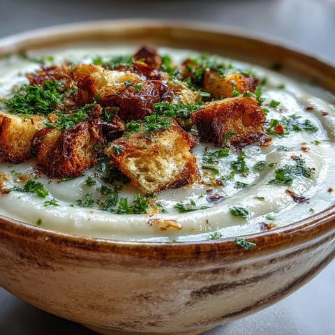 Hearty roasted garlic soup, bubbling hot and garnished with fresh parsley.