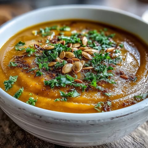 Velvety butternut squash and apple soup, ready to be garnished beautifully.