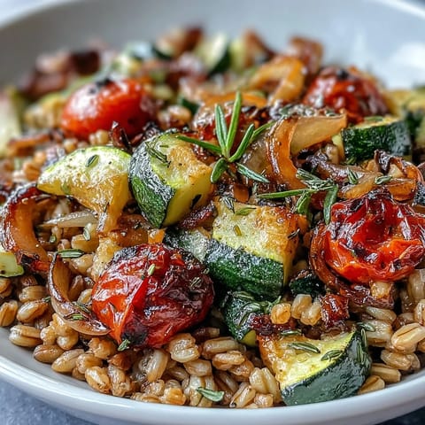 Close-up of Farro With Roasted Vegetables, showcasing caramelized veggies and chewy grains.