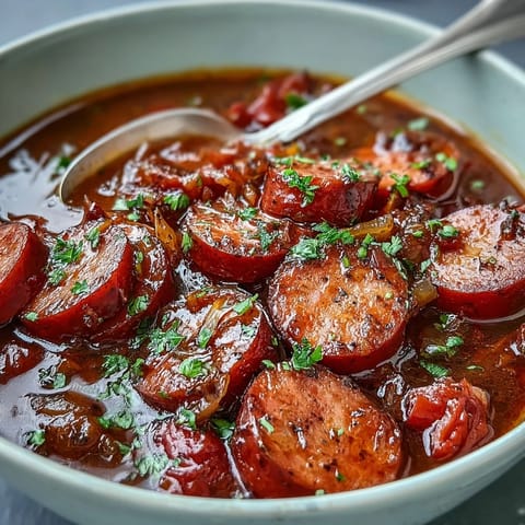 A steaming bowl of Crock Pot BBQ Cocktail Sausage Soup garnished with fresh parsley, showcasing tender sausage pieces in a rich, tangy broth.