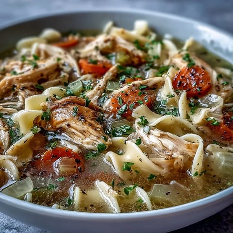 A steaming bowl of Instant Pot Chicken Noodle Soup, featuring tender shredded chicken, carrots, celery, and wide egg noodles in a golden broth.  