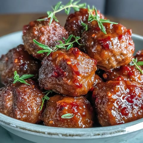Slow Cooker Peach Glazed Meatballs glistening in a sweet and tangy glaze, served hot from the slow cooker.  