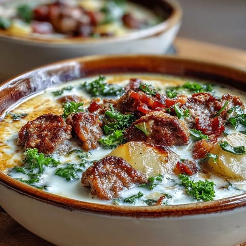 Italian Sausage Soup simmering on the stove with kale, crispy bacon bits, and a wooden spoon.  