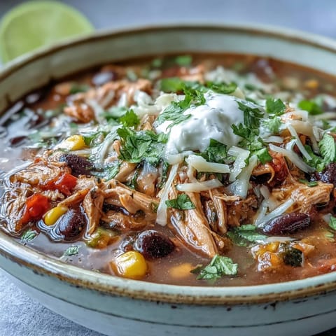 Top-down view of Instant Pot Chicken Tortilla Soup topped with melted cheese and a dollop of sour cream.