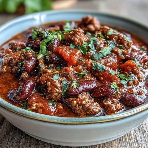 A close-up of hearty slow cooker chili with ground beef, beans, and tomatoes, garnished with shredded cheddar and fresh cilantro.