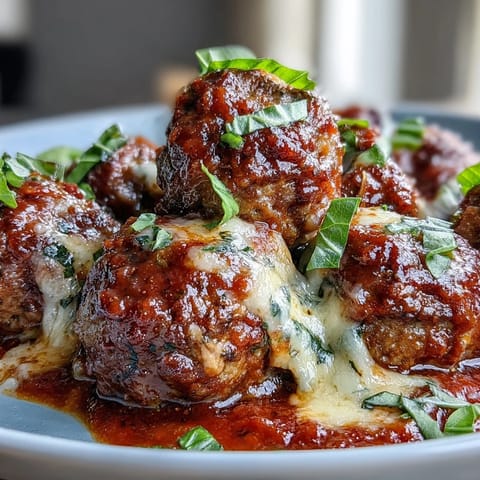 Close-up of cheesy, garlicky meatballs in rich marinara, garnished with parsley and served alongside gluten-free pasta on a rustic table.  
