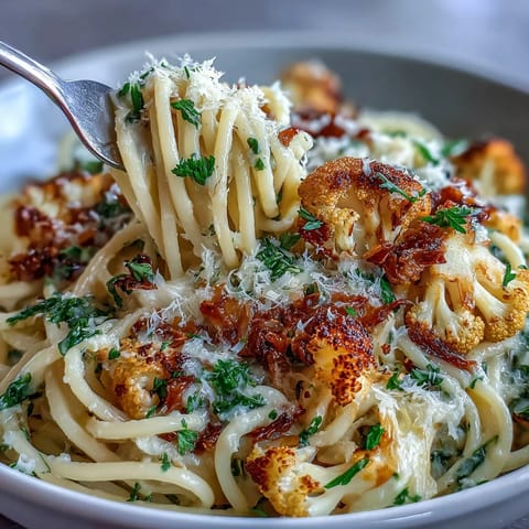 Steaming plate of Cauliflower, Anchovy and Raisin Spaghetti garnished with fresh parsley and lemon zest, ready to be enjoyed.