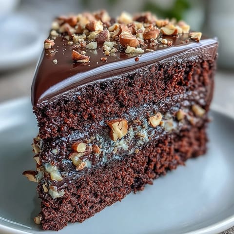 A slice of Chocolate Celebration Cake with moist crumb, glossy chocolate ganache, and crunchy hazelnut praline on a rustic plate.