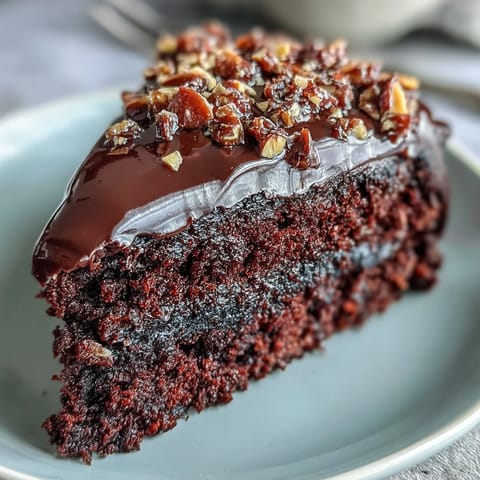 Rich Chocolate Celebration Cake drizzled with chocolate ganache, garnished with praline shards, and served with a glass of milk.