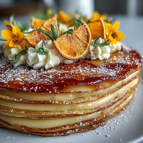 Freshly sliced Blood Orange Curd Crêpe Cake reveals alternating layers of golden crêpes, vibrant orange curd, and fluffy whipped cream garnished with zest.