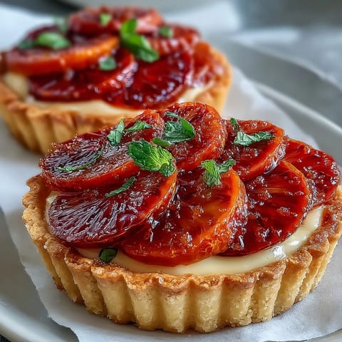 Freshly baked Blood Orange Tarts with crisp, golden pastry shells filled with smooth vanilla custard and topped with juicy blood orange slices.
