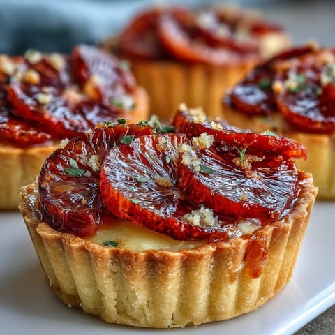 Glossy blood orange segments glistening on silky vanilla custard inside a buttery tart shell, perfect for a bright, citrusy dessert.