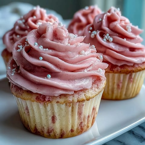 Freshly baked Pink Velvet Cupcakes with Vanilla Buttercream Frosting on a cooling rack, showing moist crumb.