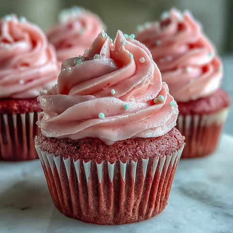 Delicious Pink Velvet Cupcakes with Vanilla Buttercream Frosting, topped with pink sprinkles on a marble counter.