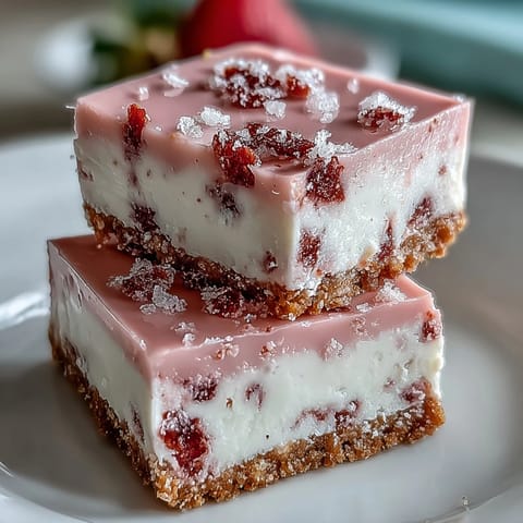 A bite-sized No-Bake Strawberry Fudge Square showing smooth white chocolate and strawberry texture, perfect for a quick dessert.