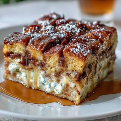 Golden-brown Monte Cristo Breakfast Casserole fresh from the oven, dusted with powdered sugar and ready to slice.