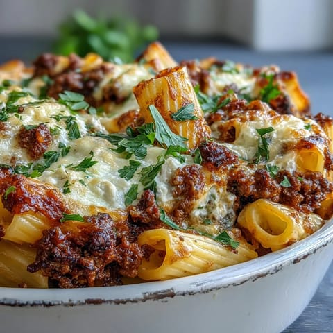Freshly baked Cottage Cheese Protein Pasta Bake with ground beef, golden bubbling mozzarella, and fresh basil garnish on a rustic table.