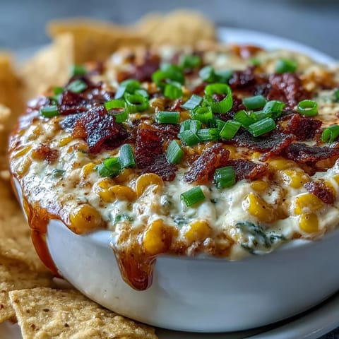 Creamy crack corn dip with melted cheddar and jalapeños in a serving bowl next to tortilla chips.