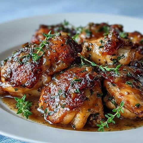 Slow cooker honey mustard chicken is plated with fluffy white rice and steamed green beans.