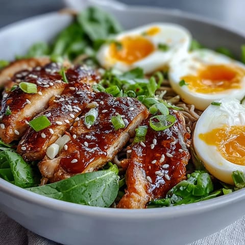 Healthy Miso Chicken Noodle Bowls are topped with halved soft-boiled eggs and sesame seeds for a cozy dinner.