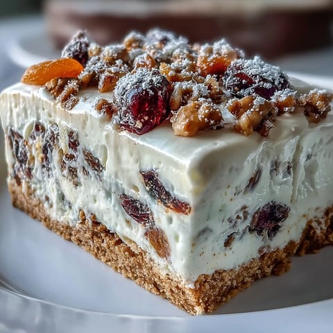 Freshly baked Christmas Cheesecake Slab with spiced cream cheese and dried fruit, ready to slice and serve for the holidays.