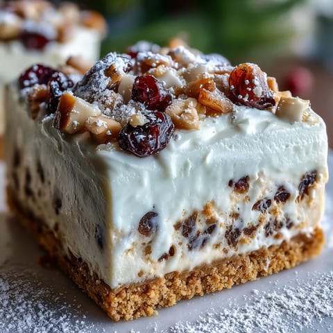 A creamy slice of Christmas Cheesecake Slab topped with whipped cream and powdered sugar, resting on a rustic wooden board.