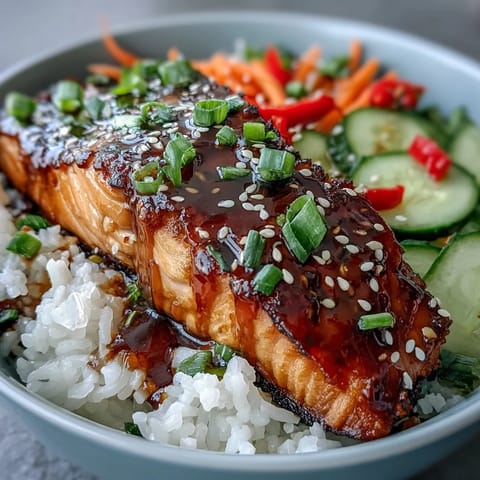 Flaky soy-ginger glazed salmon rests on fluffy rice with vibrant julienned veggies and sesame seeds.